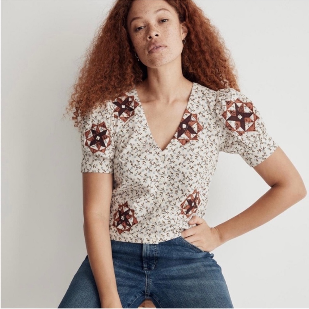 Madewell Quilted Patchwork Puff Sleeve Blouse Size Small